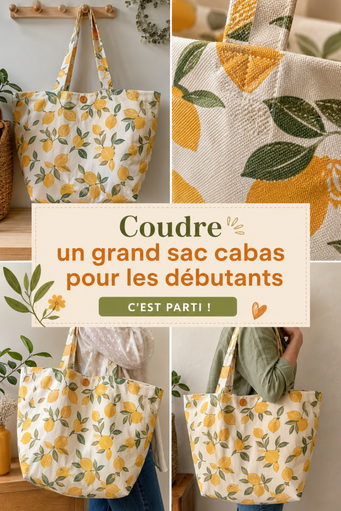 Un grand sac cabas cousu à la main avec des tissus colorés, parfait pour les courses.