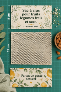 Sac à vrac en coton rempli de fruits frais sur une table en bois
