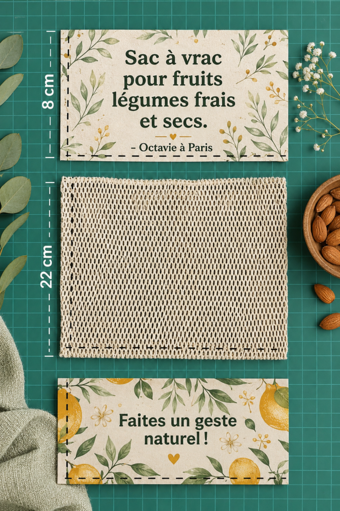 Sac à vrac en coton rempli de fruits frais sur une table en bois