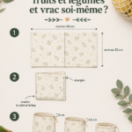 Sacs à fruits et légumes faits maison en tissu coloré sur une table.
