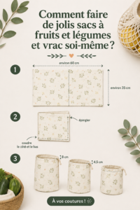 Sacs à fruits et légumes faits maison en tissu coloré sur une table.