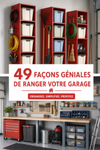 Garage organisé avec divers rangements et outils bien disposés