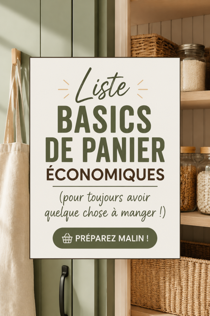 Une image d'un garde-manger bien organisé avec des aliments essentiels et économiques.