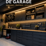 Garage aménagé avec des étagères et des rangements, organisé et pratique.