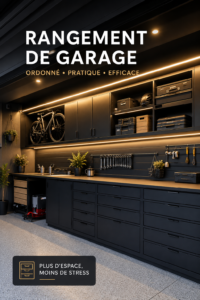 Garage aménagé avec des étagères et des rangements, organisé et pratique.