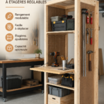 Atelier mobile de rangement avec étagères réglables, idéal pour un aménagement pratique.