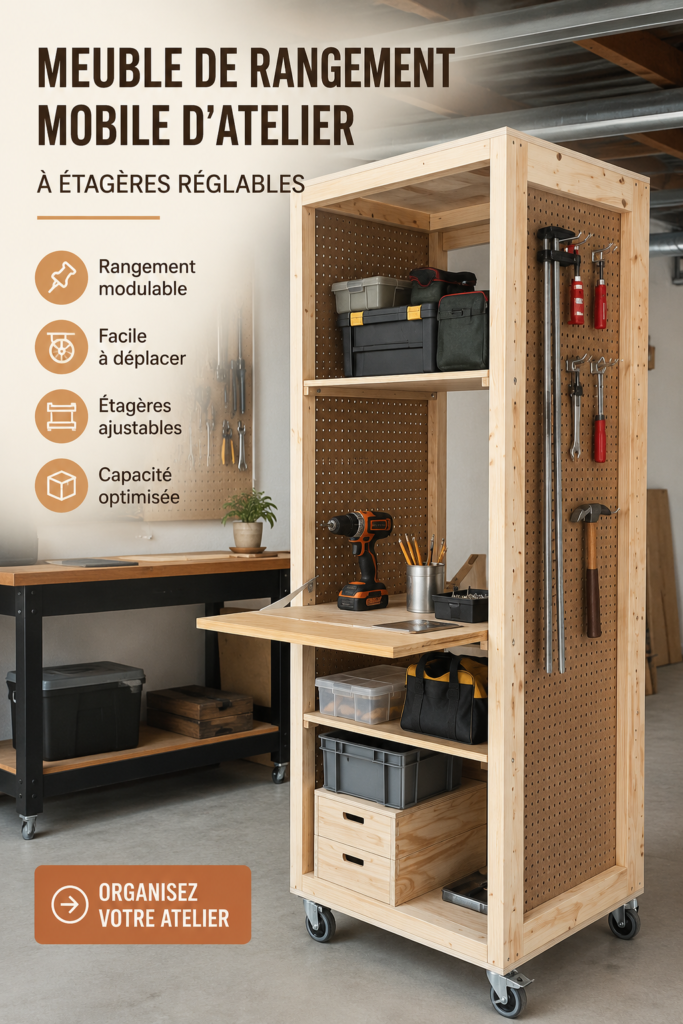 Atelier mobile de rangement avec étagères réglables, idéal pour un aménagement pratique.