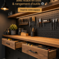Atelier moderne avec un plan de travail en bois et un rangement pratique.