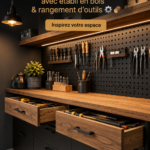 Atelier moderne avec un plan de travail en bois et un rangement pratique.