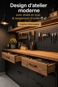 Atelier moderne avec un plan de travail en bois et un rangement pratique.