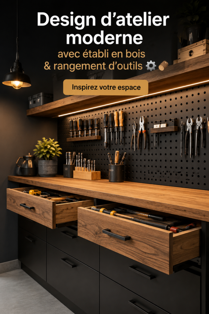Atelier moderne avec un plan de travail en bois et un rangement pratique.