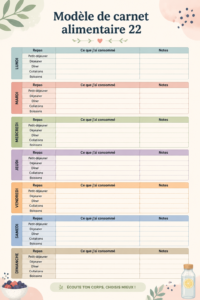 Modèle de carnet alimentaire avec des espaces pour noter les repas journaliers.