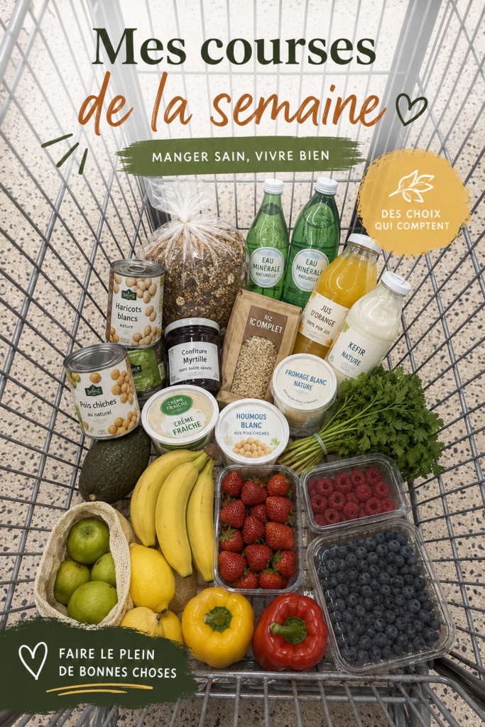Une vue d'un panier de courses rempli de légumes frais et de produits sains