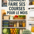Femme faisant ses courses avec une liste bien organisée dans un supermarché.