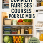 Femme faisant ses courses avec une liste bien organisée dans un supermarché.