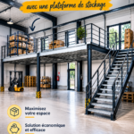Image d'un espace de stockage bien organisé avec des caisses de rangement.