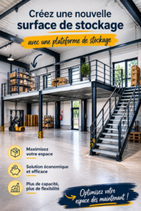 Image d'un espace de stockage bien organisé avec des caisses de rangement.