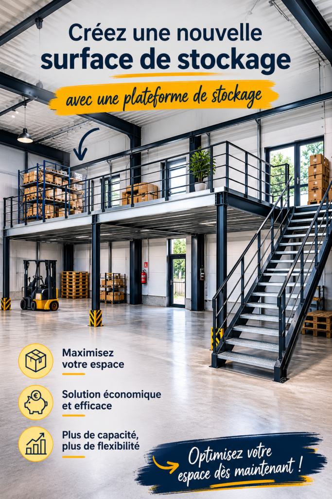 Image d'un espace de stockage bien organisé avec des caisses de rangement.