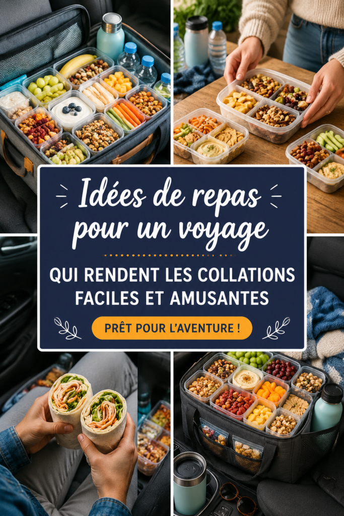 Snack bars et fruits frais prêts pour un road trip en famille.