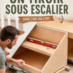 Aménagement d'un rangement pratique sous un escalier en bois avec des étagères