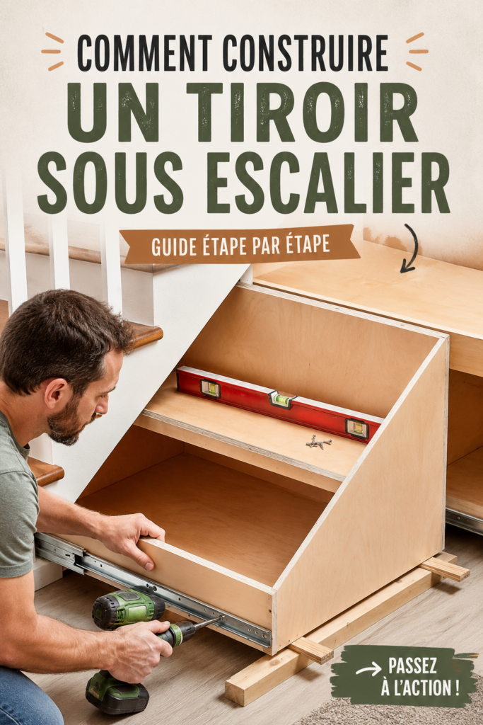 Aménagement d'un rangement pratique sous un escalier en bois avec des étagères