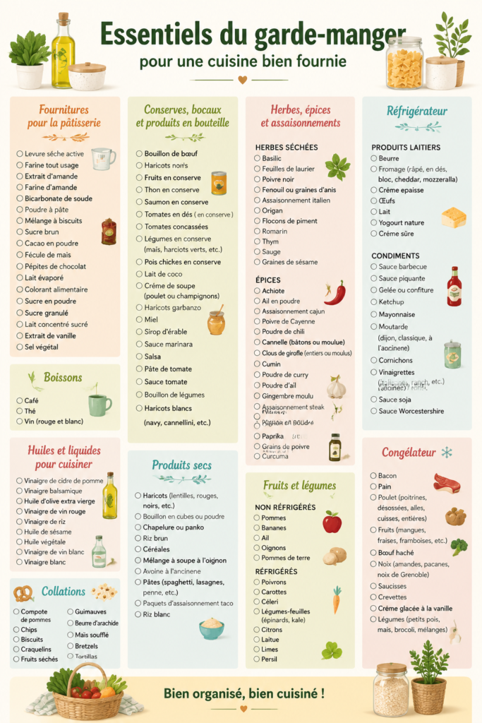 Un garde-manger bien approvisionné avec des produits variés pour la cuisine.
