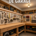 Un établi robuste en bois dans un garage bien organisé.