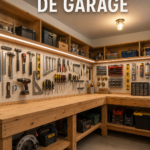 Un établi robuste en bois dans un garage bien organisé.