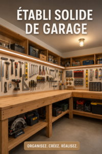 Un établi robuste en bois dans un garage bien organisé.