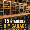 Étagères DIY en bois organisant divers outils et équipements dans un garage lumineux.