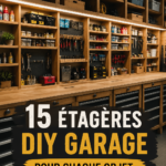 Étagères DIY en bois organisant divers outils et équipements dans un garage lumineux.