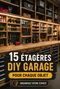 Étagères DIY en bois organisant divers outils et équipements dans un garage lumineux.