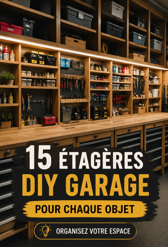 Étagères DIY en bois organisant divers outils et équipements dans un garage lumineux.