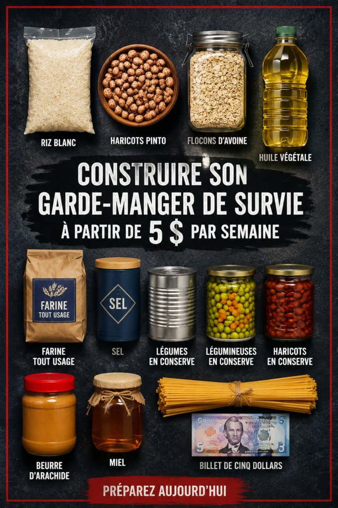 Garde-manger bien rempli avec des conserves et des aliments de base