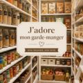 Garde-manger bien organisé avec des étagères colorées et des bocaux étiquetés.