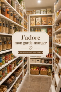 Garde-manger bien organisé avec des étagères colorées et des bocaux étiquetés.