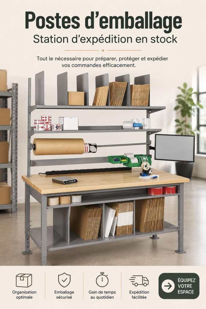 Vue d'une station d'emballage dans un entrepôt avec divers outils logistiques.