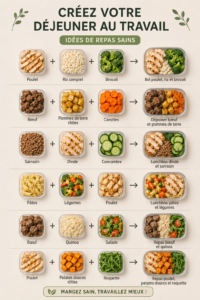 Un délicieux repas sain prêt à être emporté au bureau, comprenant une salade colorée et des protéines.