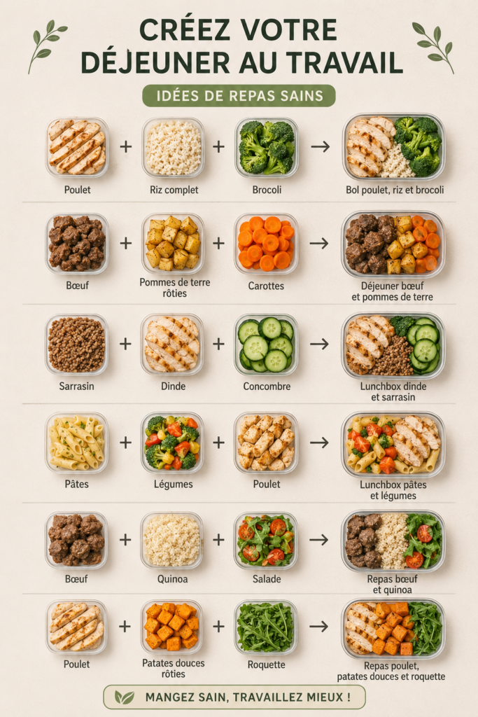 Un délicieux repas sain prêt à être emporté au bureau, comprenant une salade colorée et des protéines.