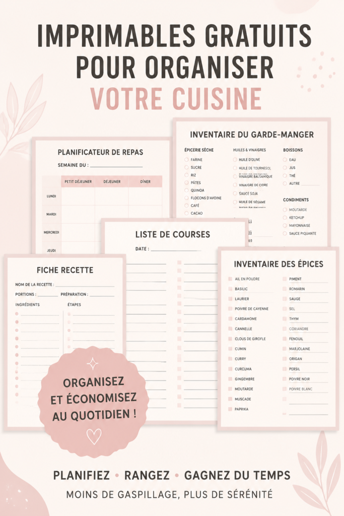 Une cuisine bien organisée avec des imprimables colorés pour l'organisation.