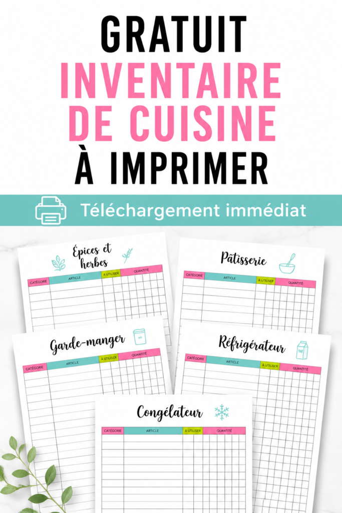 Modèle d'inventaire de cuisine à imprimer, affichant des colonnes pour les aliments et les dates d'expiration.