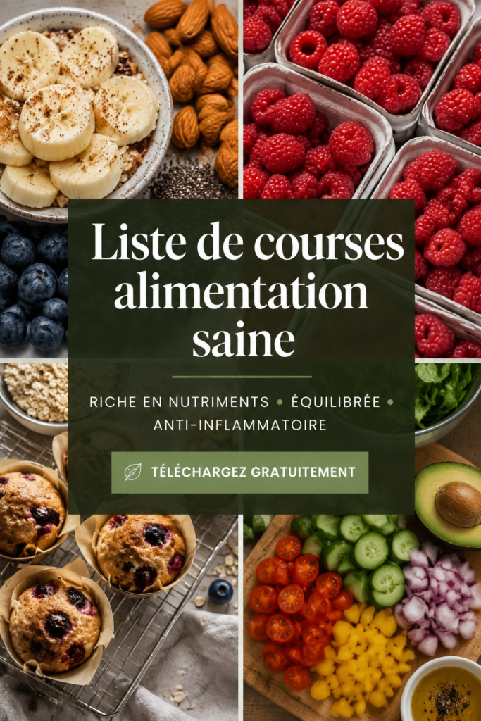 Liste de courses saine avec des fruits et légumes frais