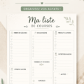 Illustration d'une liste de courses imprimable sur une table en bois.