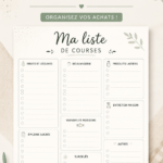 Illustration d'une liste de courses imprimable sur une table en bois.