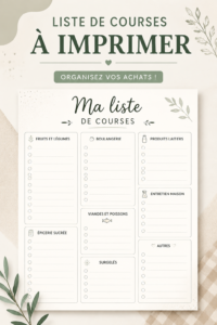 Illustration d'une liste de courses imprimable sur une table en bois.