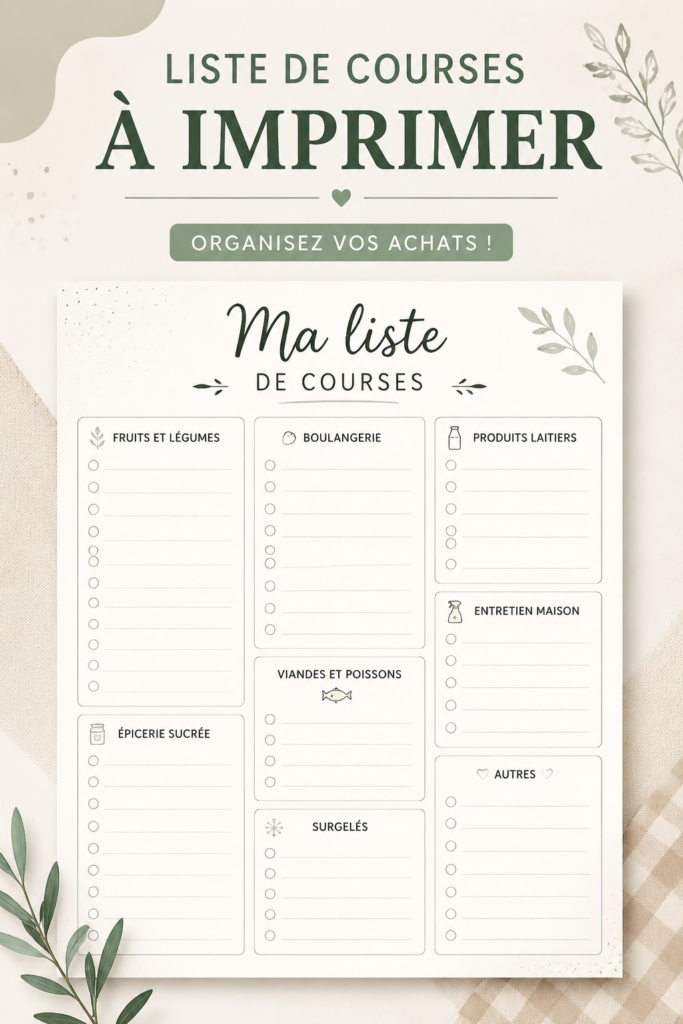 Illustration d'une liste de courses imprimable sur une table en bois.