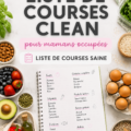Liste de courses saine pour mamans occupées avec des fruits et légumes frais.