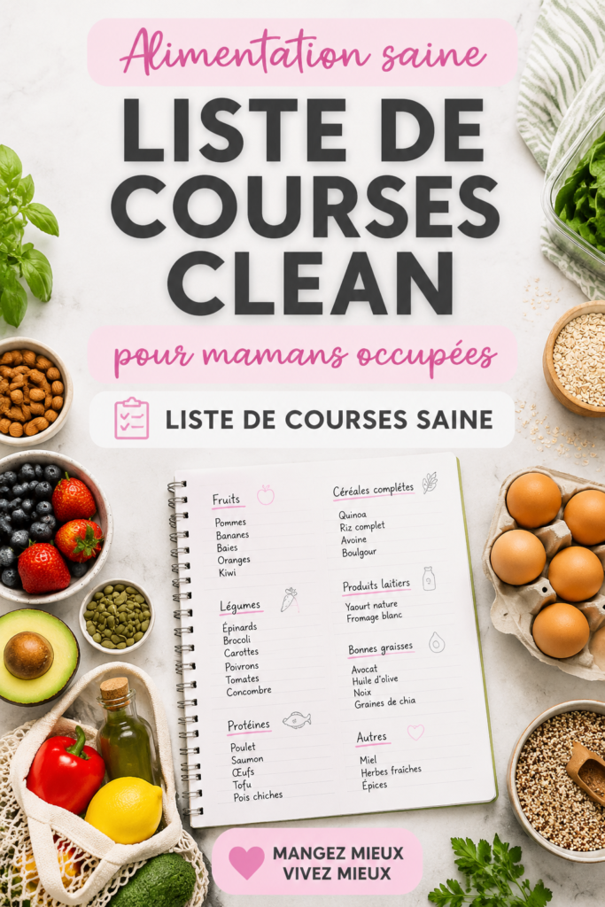Liste de courses saine pour mamans occupées avec des fruits et légumes frais.
