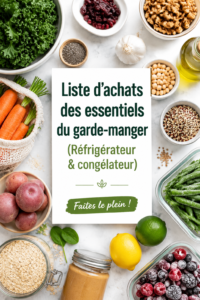 Une cuisine organisée avec un garde-manger bien rempli de produits alimentaires de base.