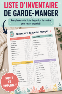 Liste d'inventaire de cuisine imprimable sur un plan de travail lumineux